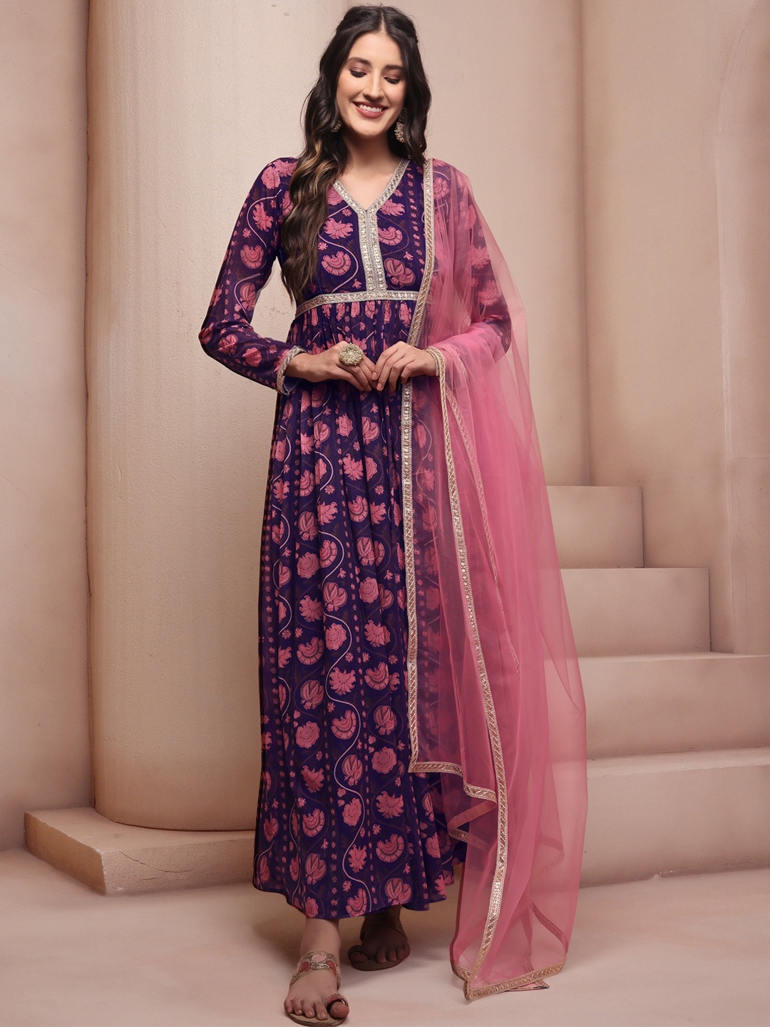 Inddus Pink & Blue Ethnic Motifs Printed Georgette Anarkali Kurta With Dupatta, Purple
Inddus Pink & Blue Ethnic Motifs Printed Georgette Anarkali Kurta With Dupatta, Purple