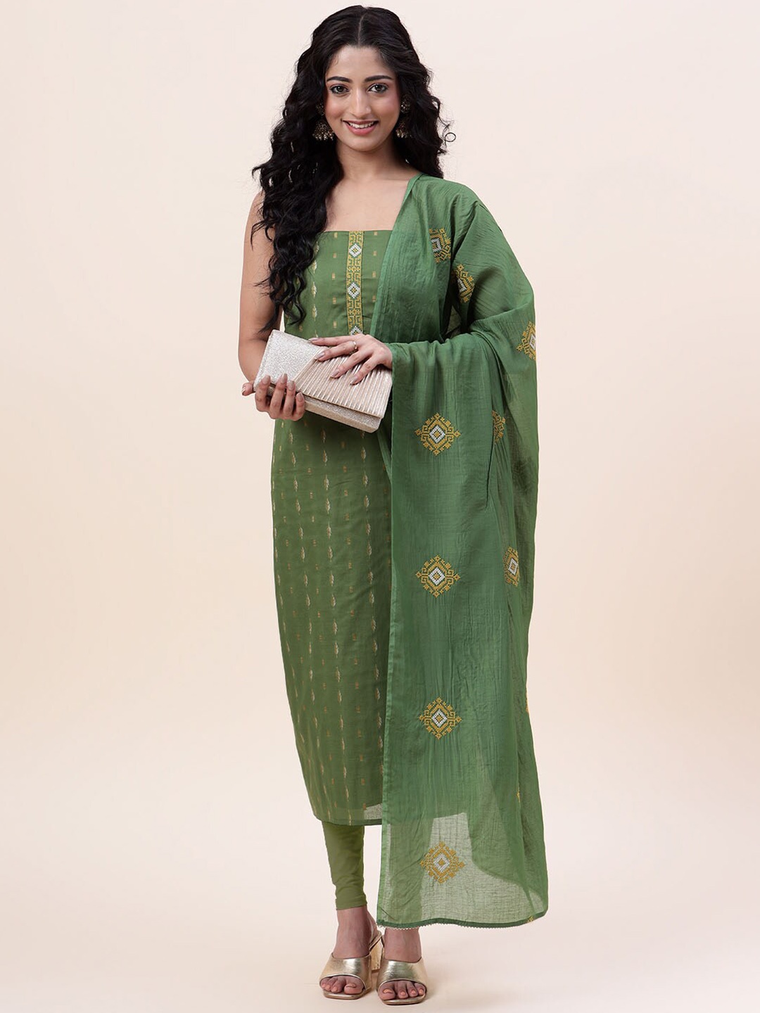 Meena Bazaar Printed Unstitched Dress Material, Green