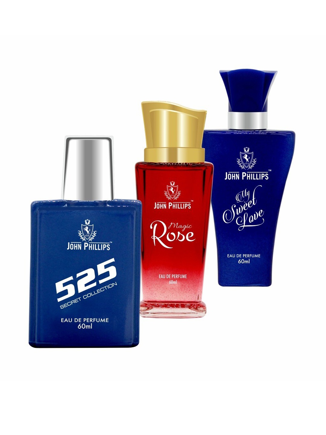 JOHN PHILLIPS Set of 3 Eau De Parfum 60 ml each - 525 + Magic Rose + My Sweet Love, Navy blue
JOHN PHILLIPS Set of 3 Eau De Parfum 60 ml each - 525 + Magic Rose + My Sweet Love, Navy blue