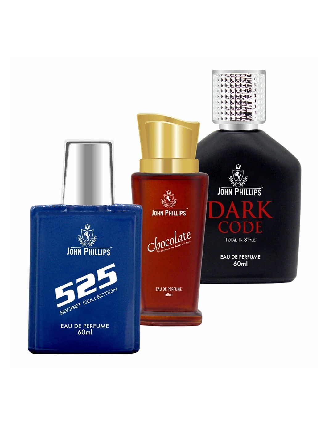 JOHN PHILLIPS Set of 3 Eau De Parfum - 525 + Dark Code + Chocolate - 60ml Each, Blue
JOHN PHILLIPS Set of 3 Eau De Parfum - 525 + Dark Code + Chocolate - 60ml Each, Blue