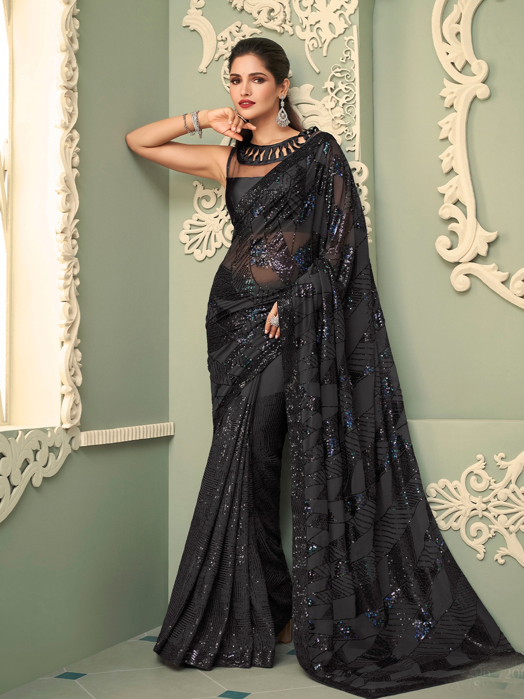 all about you Black Embellished Sequinned Pure Georgette Saree