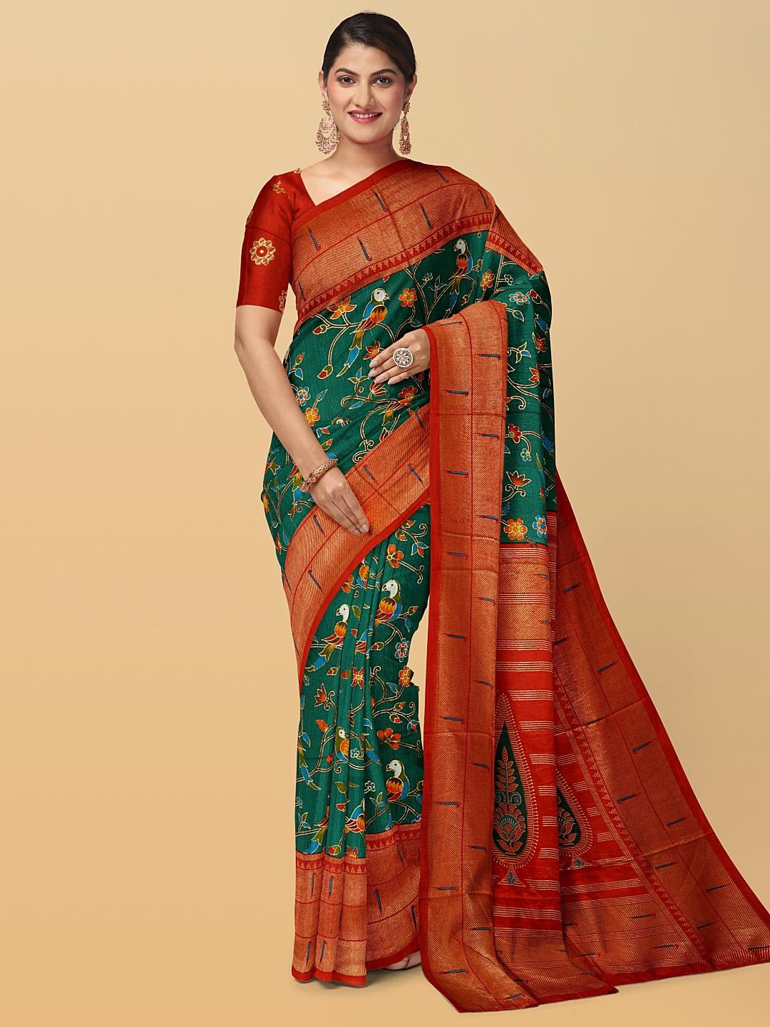 Kalamandir Green & Red Floral Zari Silk Blend Saree