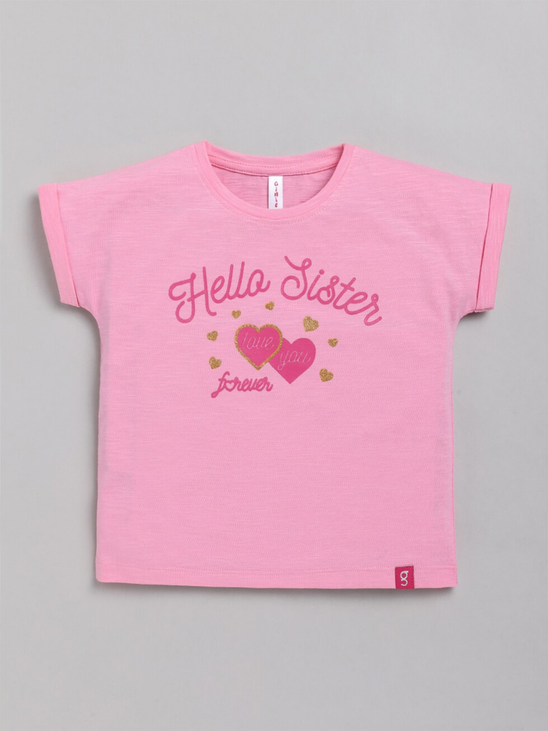 Ginie Girls Pink Typography Printed Extended Sleeves T-shirt
