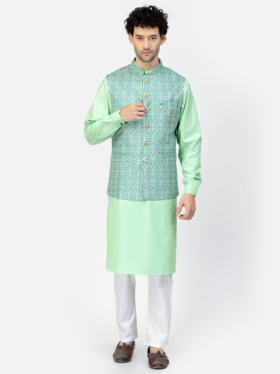 MOHANLAL SONS Woven Nehru Jacket, Green