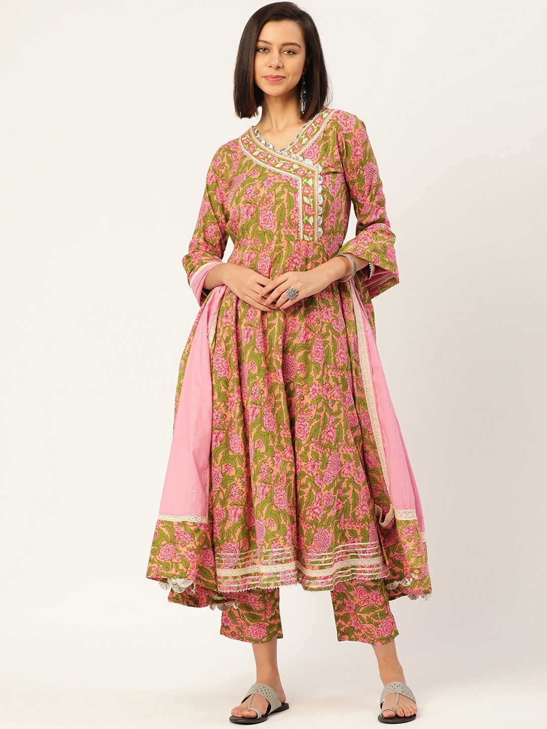 KALINI Floral Printed Gotta Patti Pure Cotton Angrakha Kurta With Trousers & Dupatta, Pink
KALINI Floral Printed Gotta Patti Pure Cotton Angrakha Kurta With Trousers & Dupatta, Pink