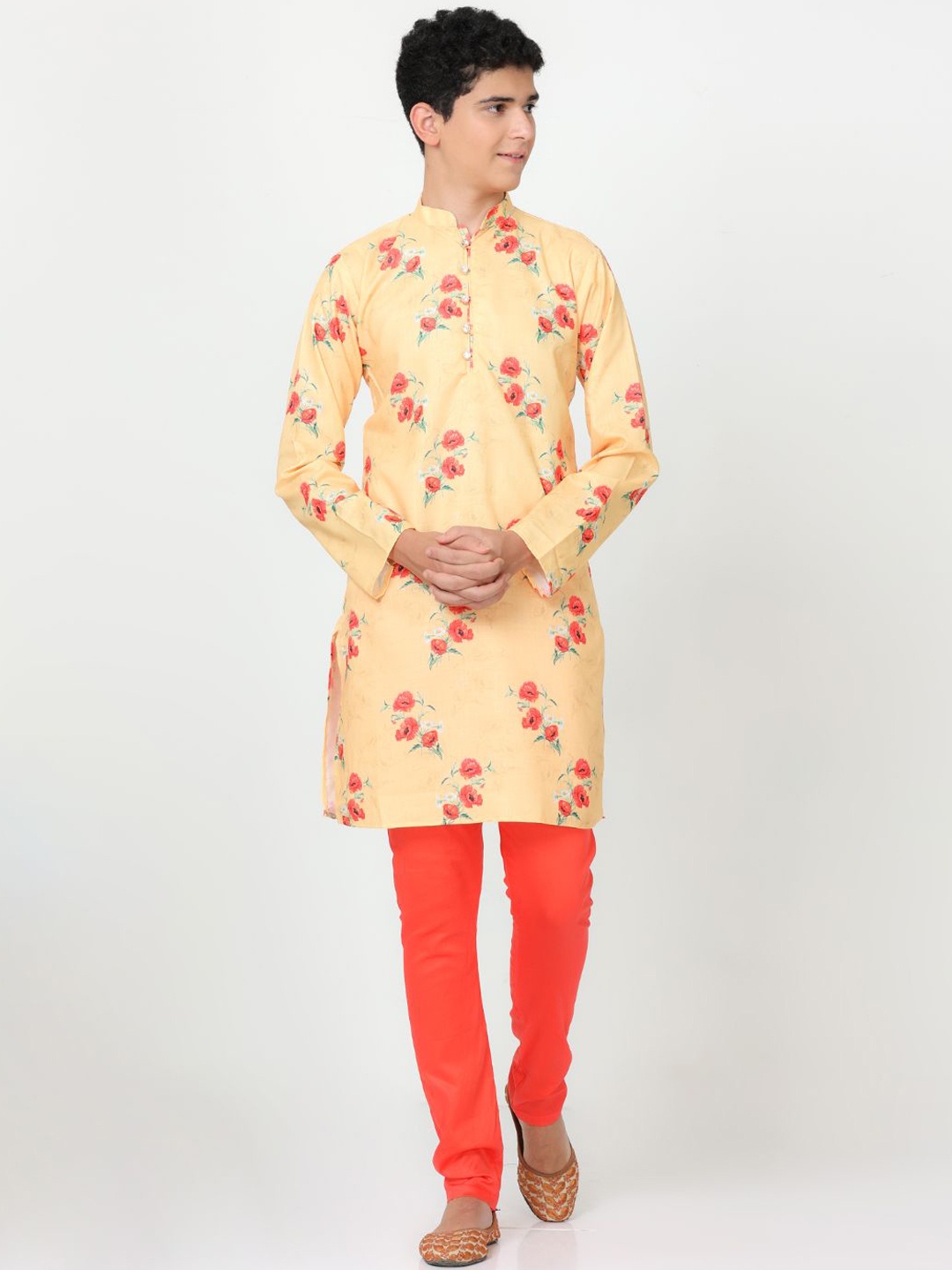 FLAVIDO Boys Floral Printed Linen Kurta With Pyjamas, Yellow