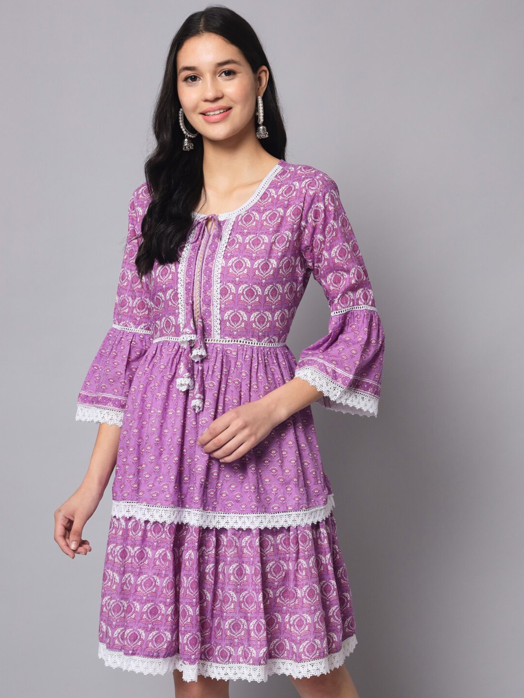 KALINI Ethnic Motifs Printed Tie-Up Neck Bell Sleeves Cotton Fit & Flare Dress, Purple
KALINI Ethnic Motifs Printed Tie-Up Neck Bell Sleeves Cotton Fit & Flare Dress, Purple