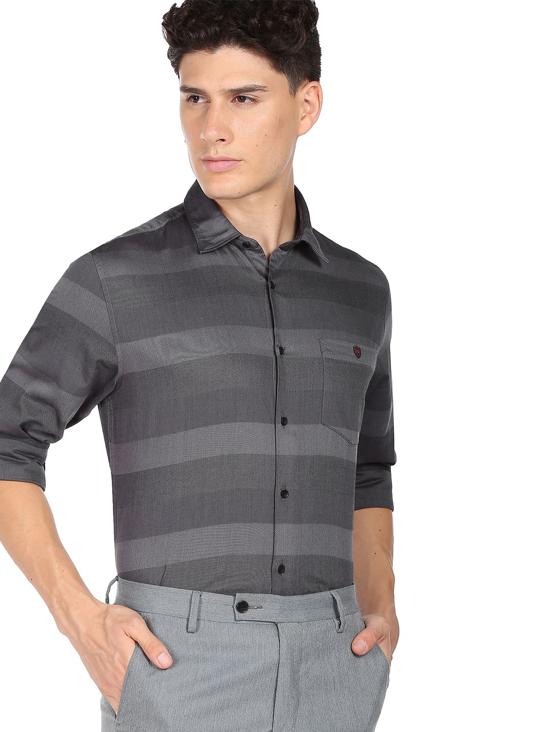 AD By Arvind Horizontal Striped Pure Cotton Formal Shirt, Grey