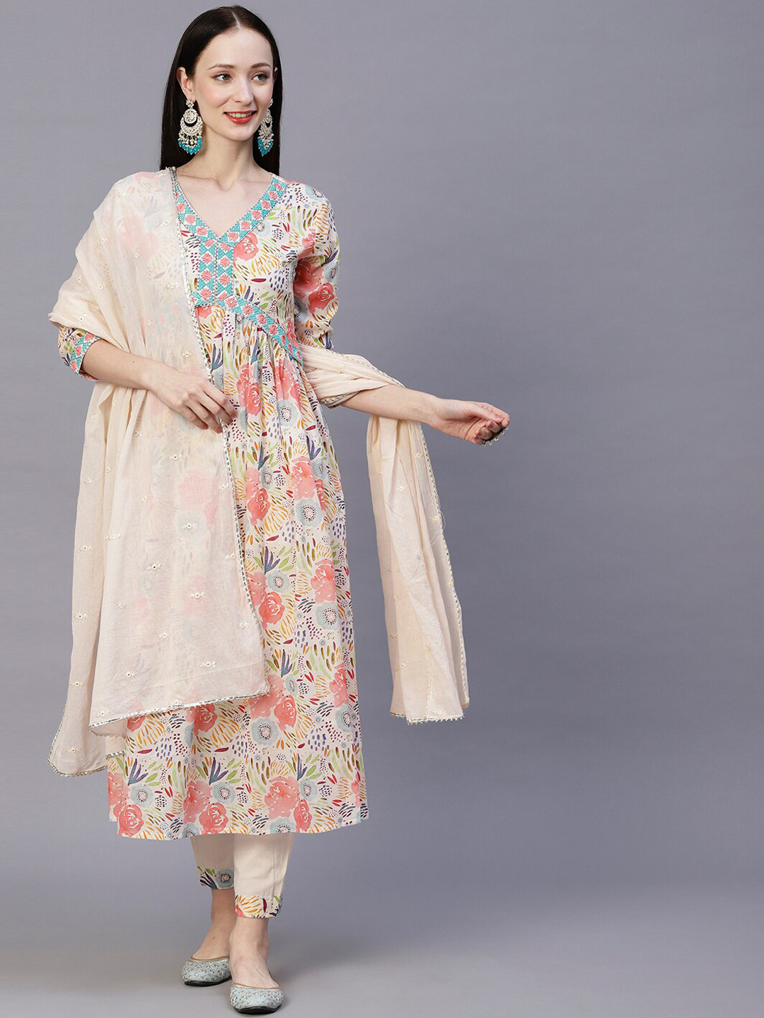 FASHOR Beige Floral Printed Empire mirror work Pure Cotton Kurti With Trouser & Dupatta, White
FASHOR Beige Floral Printed Empire mirror work Pure Cotton Kurti With Trouser & Dupatta, White