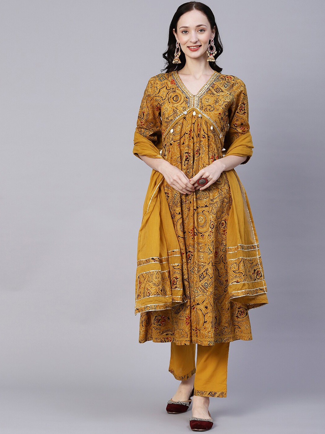 FASHOR Mustard Ethnic Printed Empire Mirror Work Cotton Kurta With Trousers & Dupatta
FASHOR Mustard Ethnic Printed Empire Mirror Work Cotton Kurta With Trousers & Dupatta
