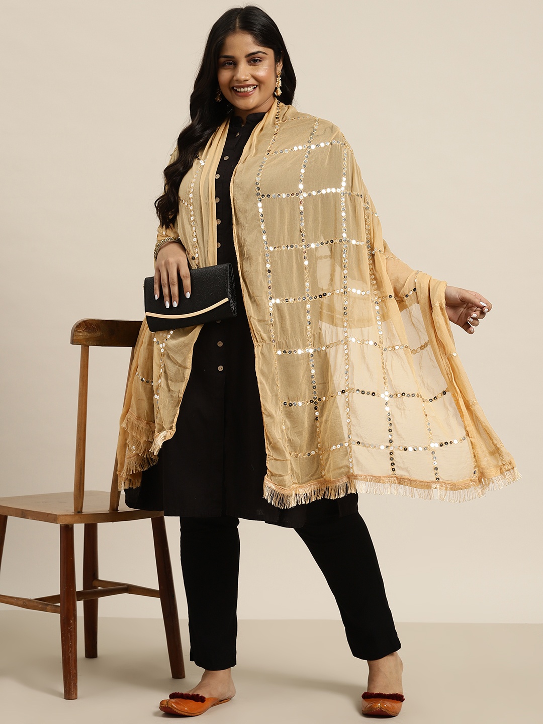 Sztori Embroidered Checked Silk Chiffon Dupatta with Mirror Work, Beige