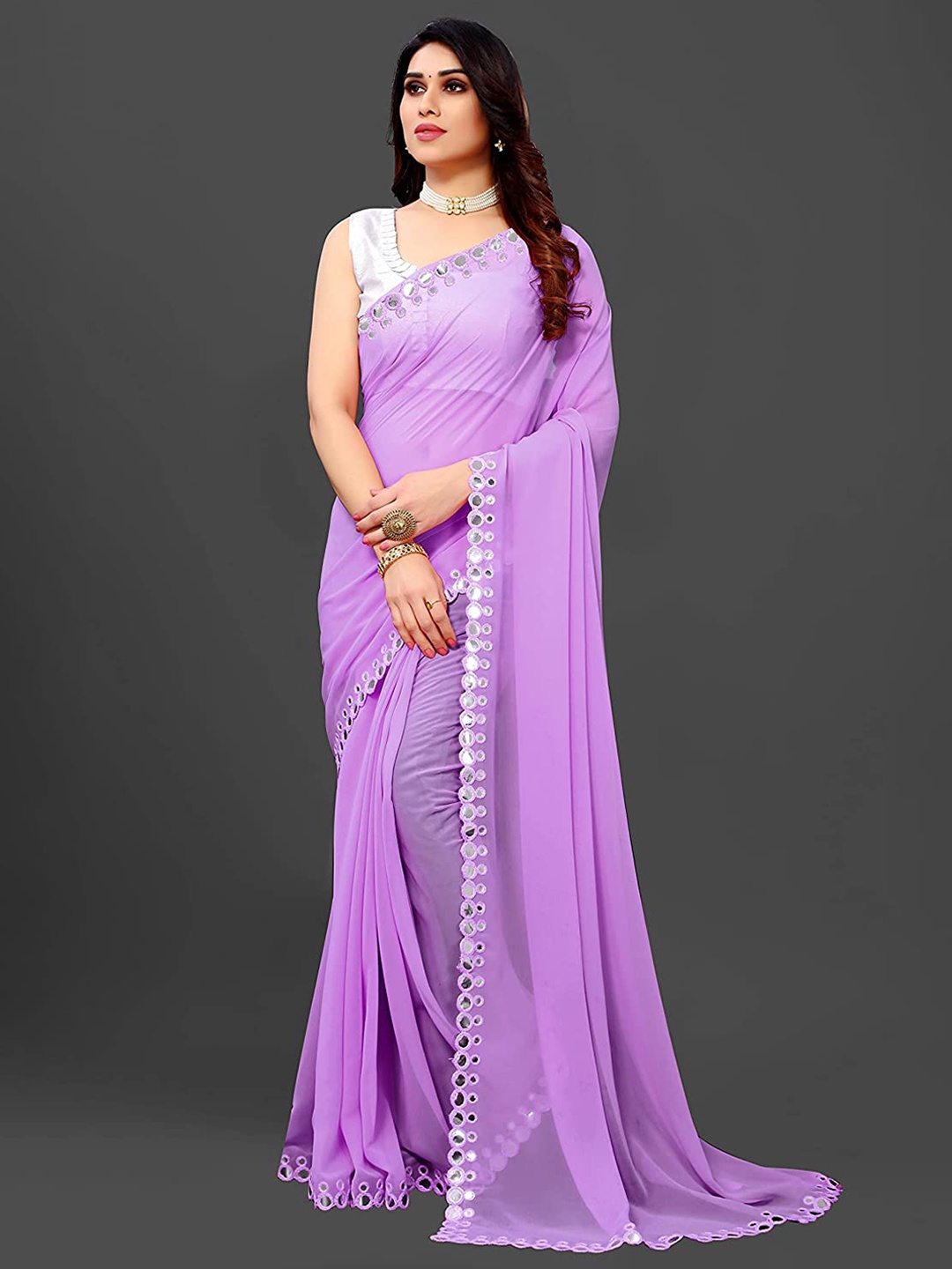 LYTIX Mirror Work Pure Georgette Leheriya Saree, Purple