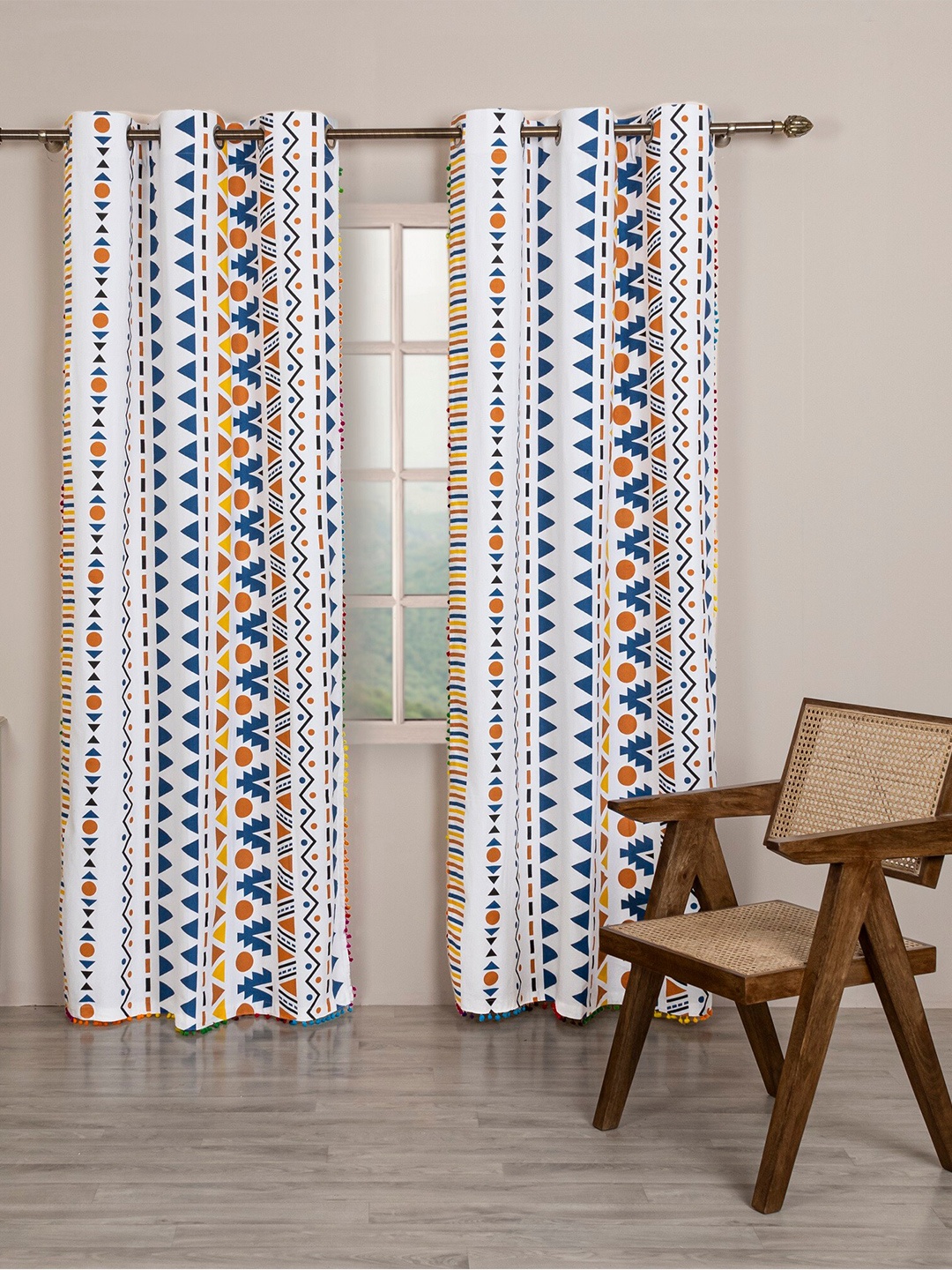 HOMEMONDE White & Blue Set of 2 Geometric 9 Feet Long Door Curtains With Tassel Detail
HOMEMONDE White & Blue Set of 2 Geometric 9 Feet Long Door Curtains With Tassel Detail