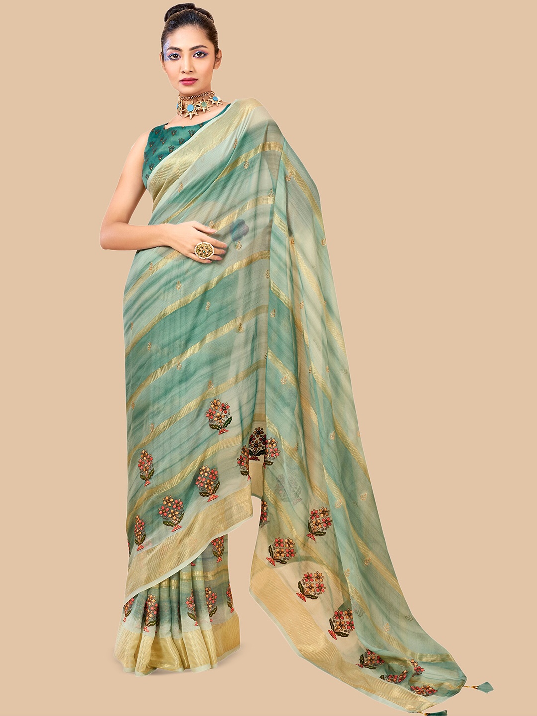 Triveni Floral Embroidered Pure Chiffon Saree, Blue