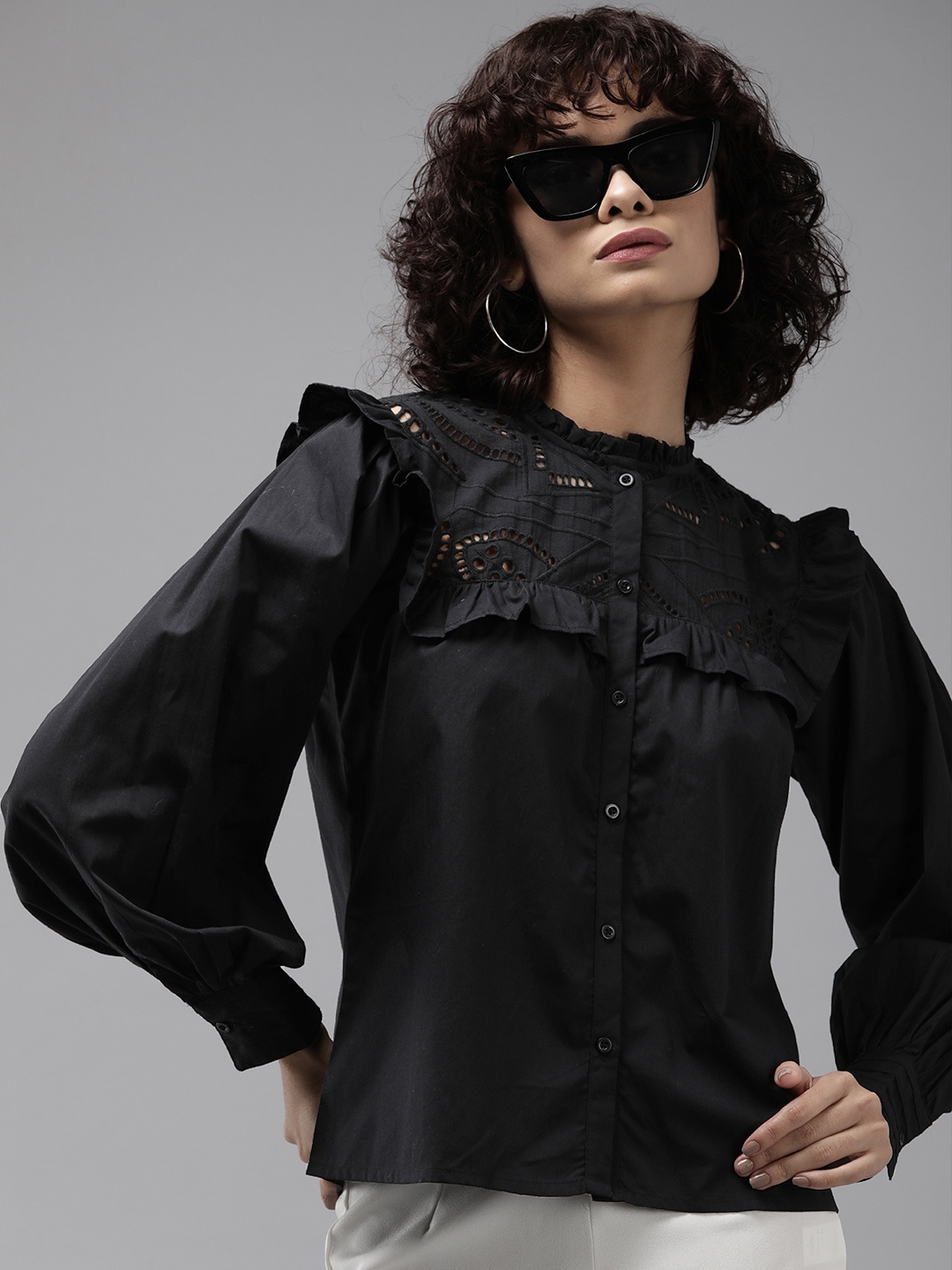 The Roadster Life Co. Ruffles & Embroidered Detail Puff Sleeves Pure Cotton Casual Shirt, Black
The Roadster Life Co. Ruffles & Embroidered Detail Puff Sleeves Pure Cotton Casual Shirt, Black