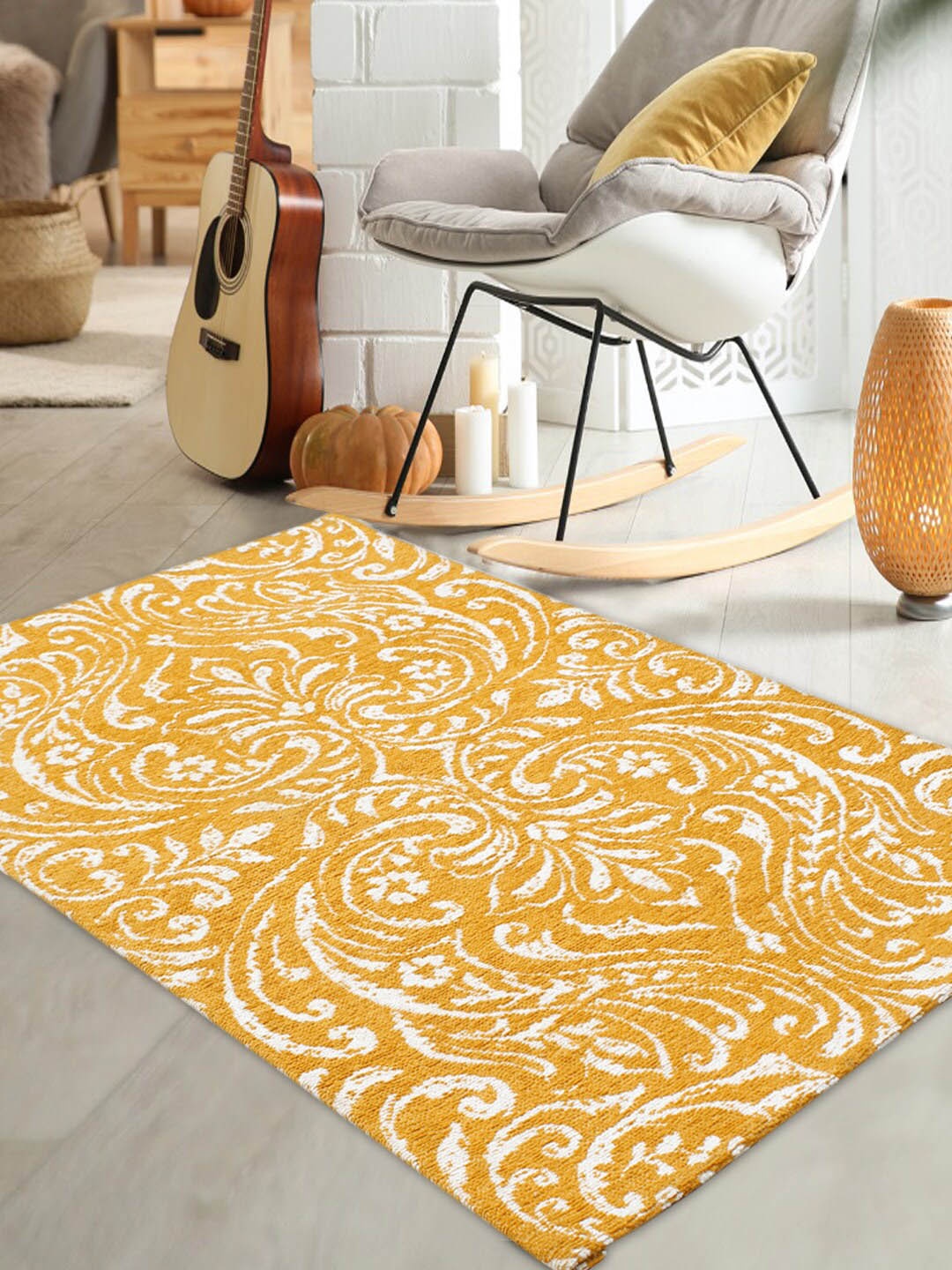 AVI Living Mustard-Yellow Floral Printed Dhurrie