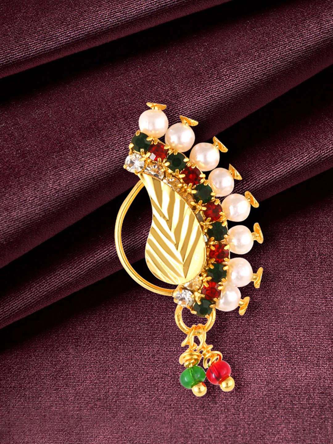 Vighnaharta Gold-Plated Red & Green Maharashtrian CZ Stone-Studded & Pearl Beaded Nosepin
Vighnaharta Gold-Plated Red & Green Maharashtrian CZ Stone-Studded & Pearl Beaded Nosepin