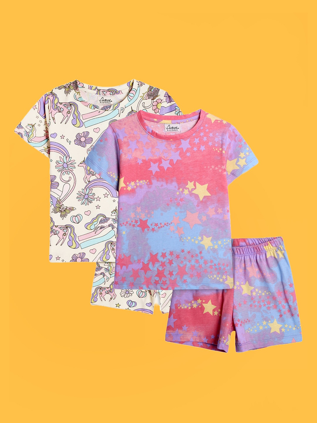 Anthrilo Girls Pack Of 2 Printed Pure Cotton Night suits, Pink