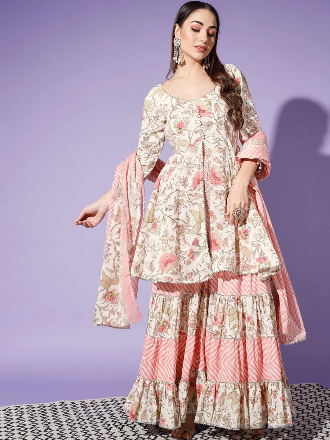 Cation Cream-Coloured & Pink Printed Regular Pure Cotton Kurti With Sharara & Dupatta
Cation Cream-Coloured & Pink Printed Regular Pure Cotton Kurti With Sharara & Dupatta