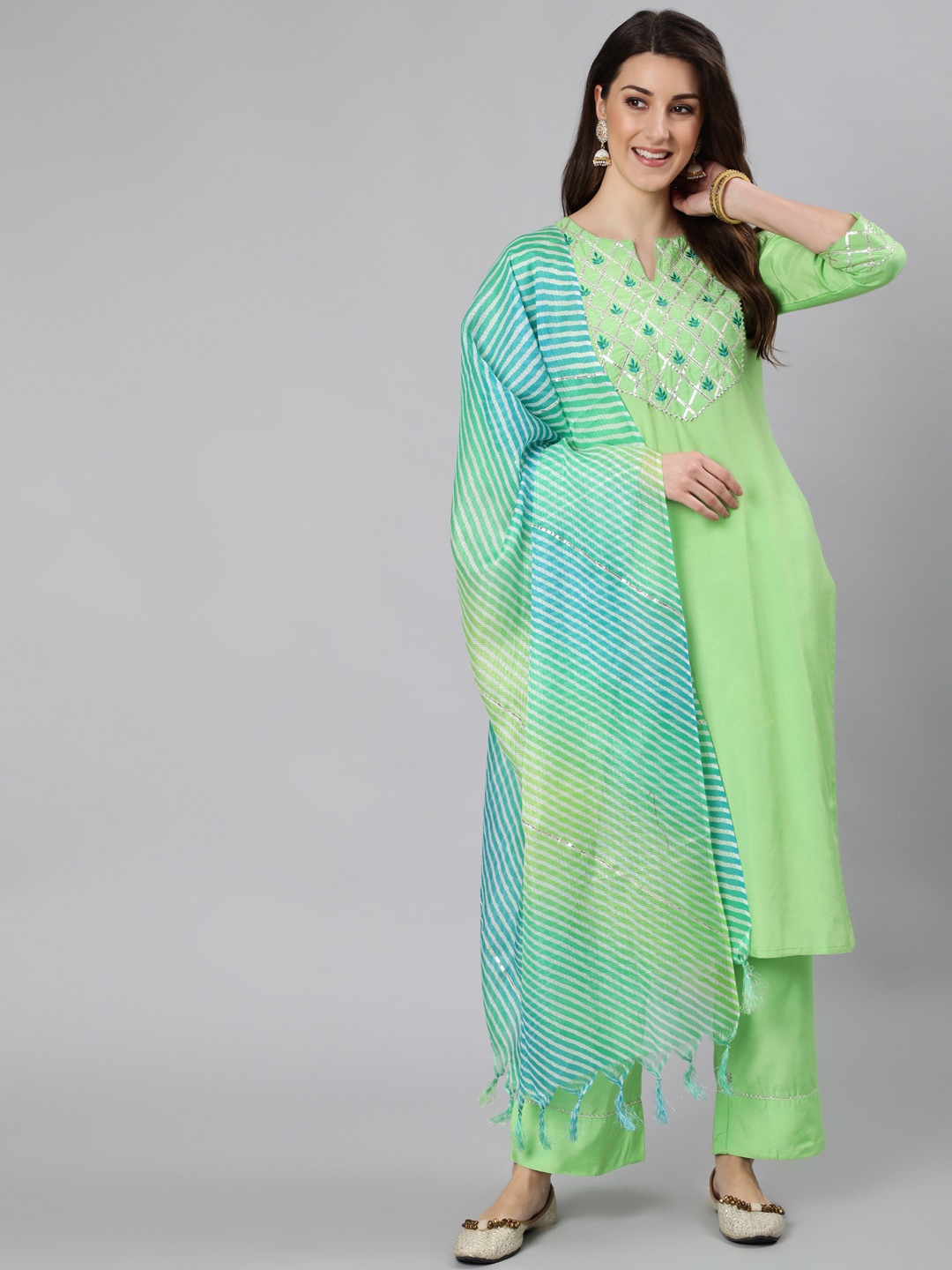 Jaipur Kurti Lime Green Embroidered Gotta Patti Regular Kurta with Palazzos & With Dupatta
Jaipur Kurti Lime Green Embroidered Gotta Patti Regular Kurta with Palazzos & With Dupatta