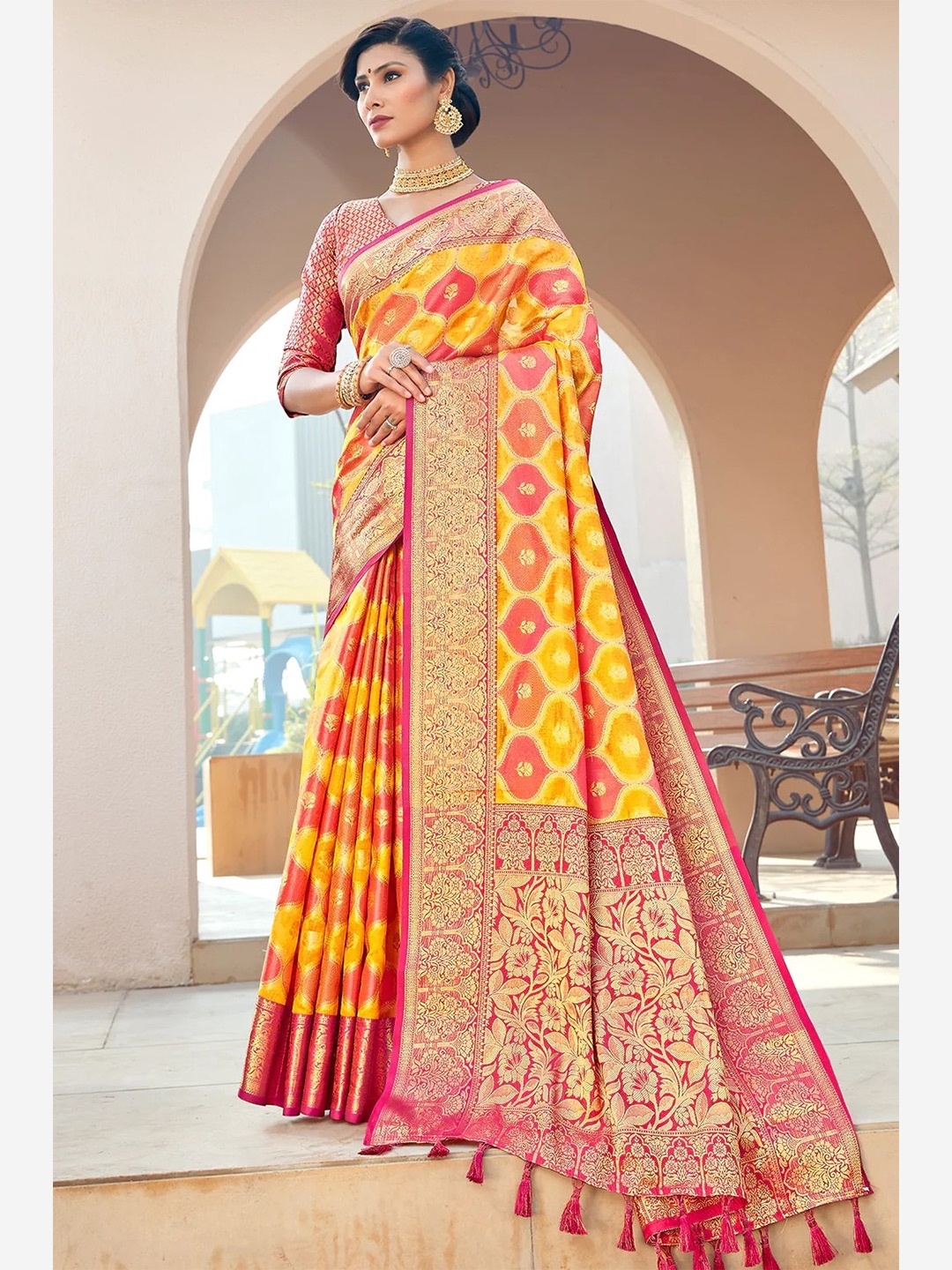 Mitera Yellow & Red Woven Design Zari Banarasi Saree