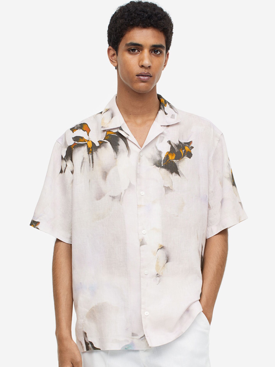 H&M Relaxed Fit Linen Resort Shirt, Beige