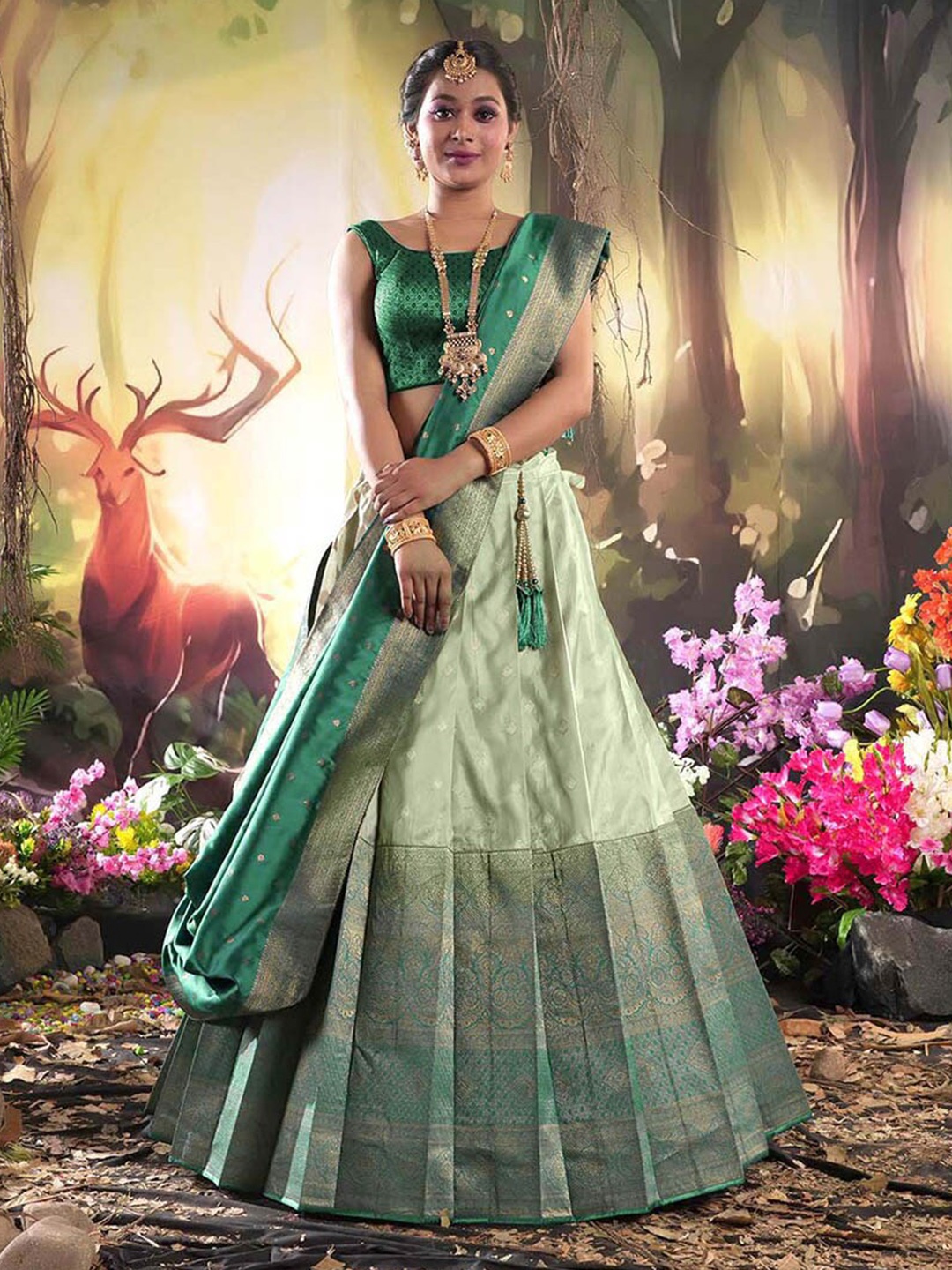 HALFSAREE STUDIO Woven Design Semi-Stitched Banarasi Silk Lehenga With Blouse & Dupatta, Green
HALFSAREE STUDIO Woven Design Semi-Stitched Banarasi Silk Lehenga With Blouse & Dupatta, Green