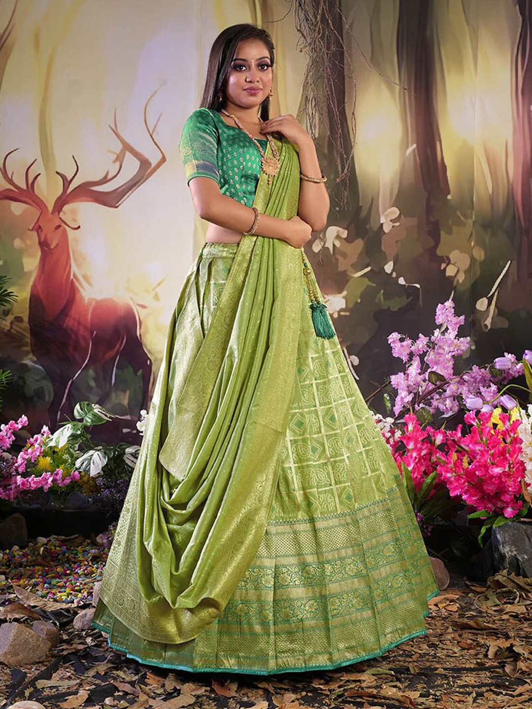 HALFSAREE STUDIO Woven Design Silk Semi-Stitched Lehenga & Blouse With Dupatta, Green
HALFSAREE STUDIO Woven Design Silk Semi-Stitched Lehenga & Blouse With Dupatta, Green