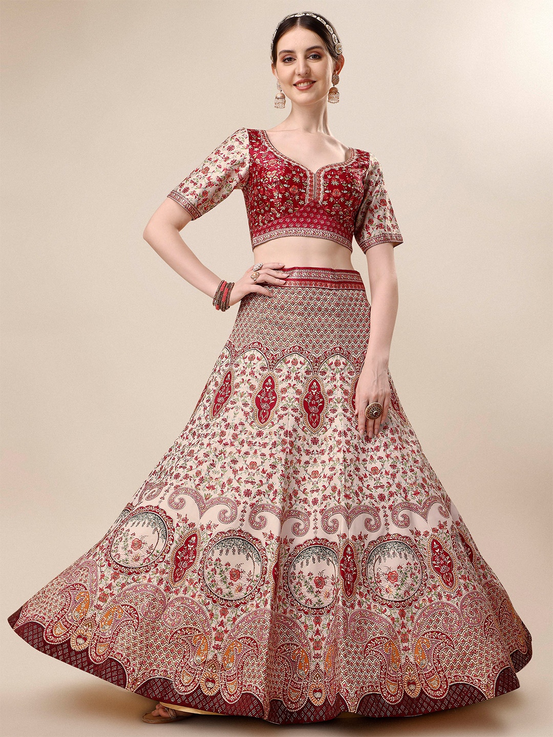 SAPTRANGI Printed Beads and Stones Ready to Wear Lehenga & Blouse With Dupatta, Red
SAPTRANGI Printed Beads and Stones Ready to Wear Lehenga & Blouse With Dupatta, Red