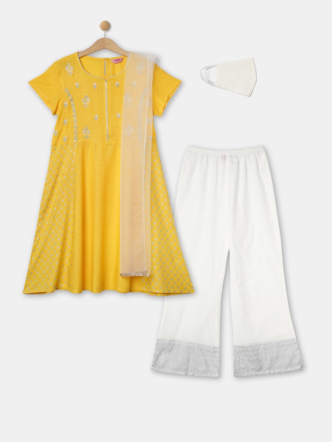 R&B Girls Ethnic Motifs Embroidered Pure Cotton Straight Kurta Sets With Mask, Yellow
R&B Girls Ethnic Motifs Embroidered Pure Cotton Straight Kurta Sets With Mask, Yellow