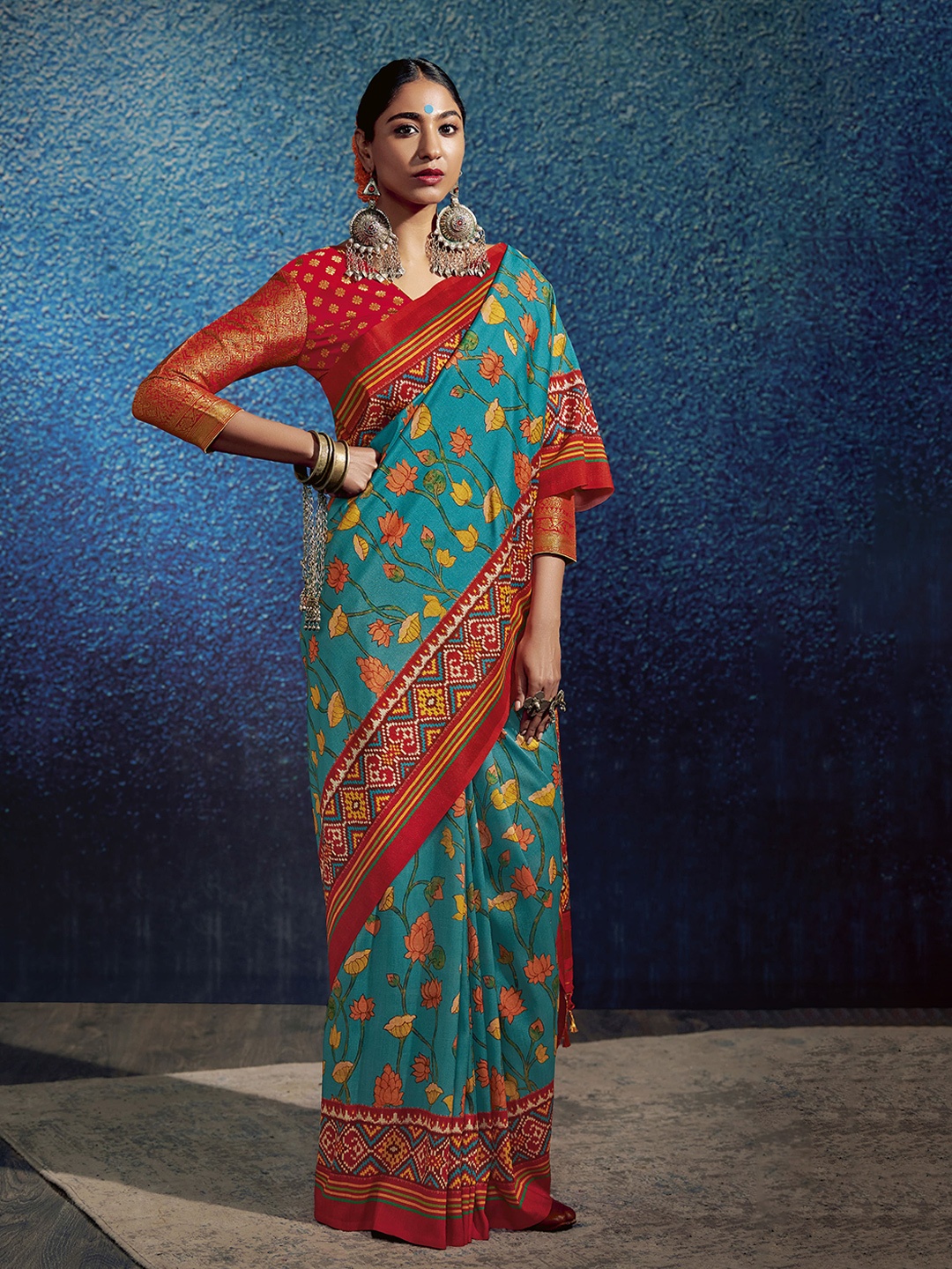 elora Kalamkari Printed Patola Saree, Blue
