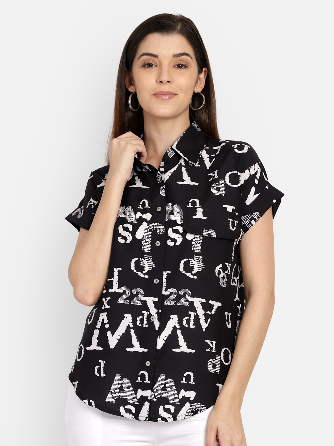 Yaadleen Boxy Typography Printed Casual Shirt, Black