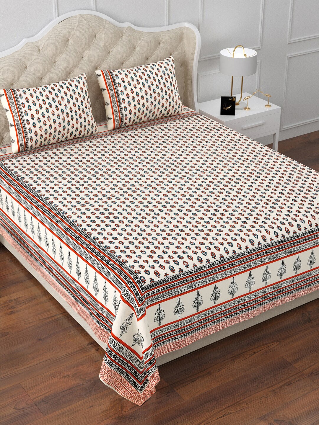 Aapno Rajasthan Sultani Spades White Floral 120 TC Cotton King Bedsheet & 2 Pillow Covers
Aapno Rajasthan Sultani Spades White Floral 120 TC Cotton King Bedsheet & 2 Pillow Covers