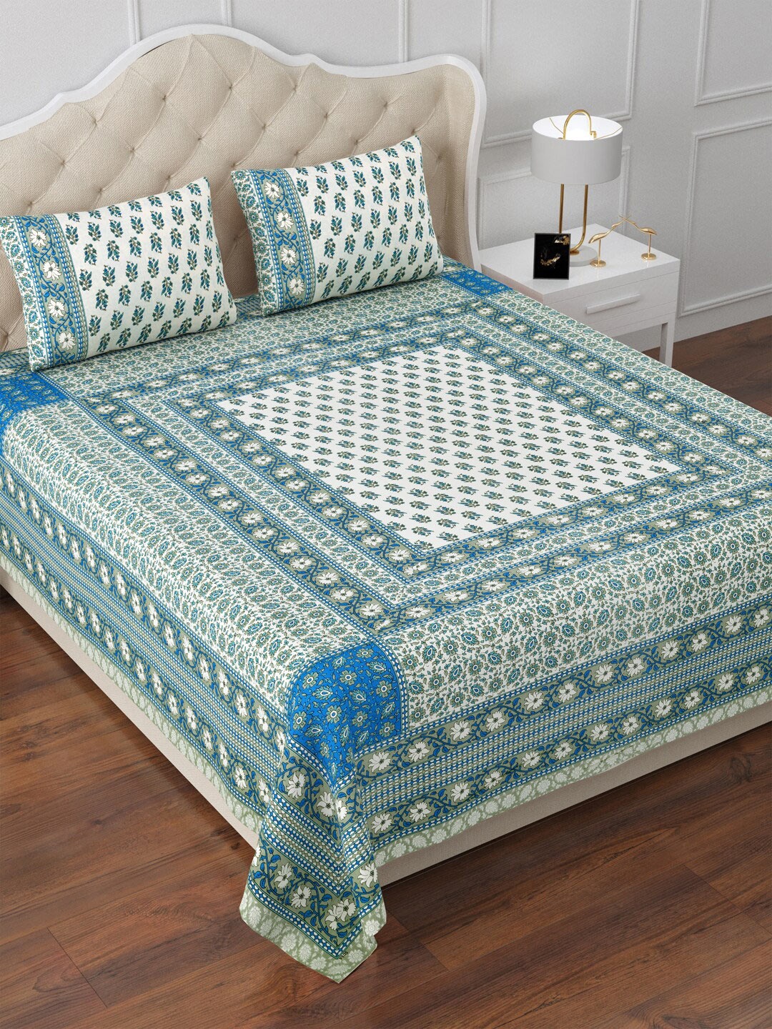 Aapno Rajasthan White & Blue Ethnic Motifs Cotton 120TC King Bedsheet With 2 Pillow Covers
Aapno Rajasthan White & Blue Ethnic Motifs Cotton 120TC King Bedsheet With 2 Pillow Covers