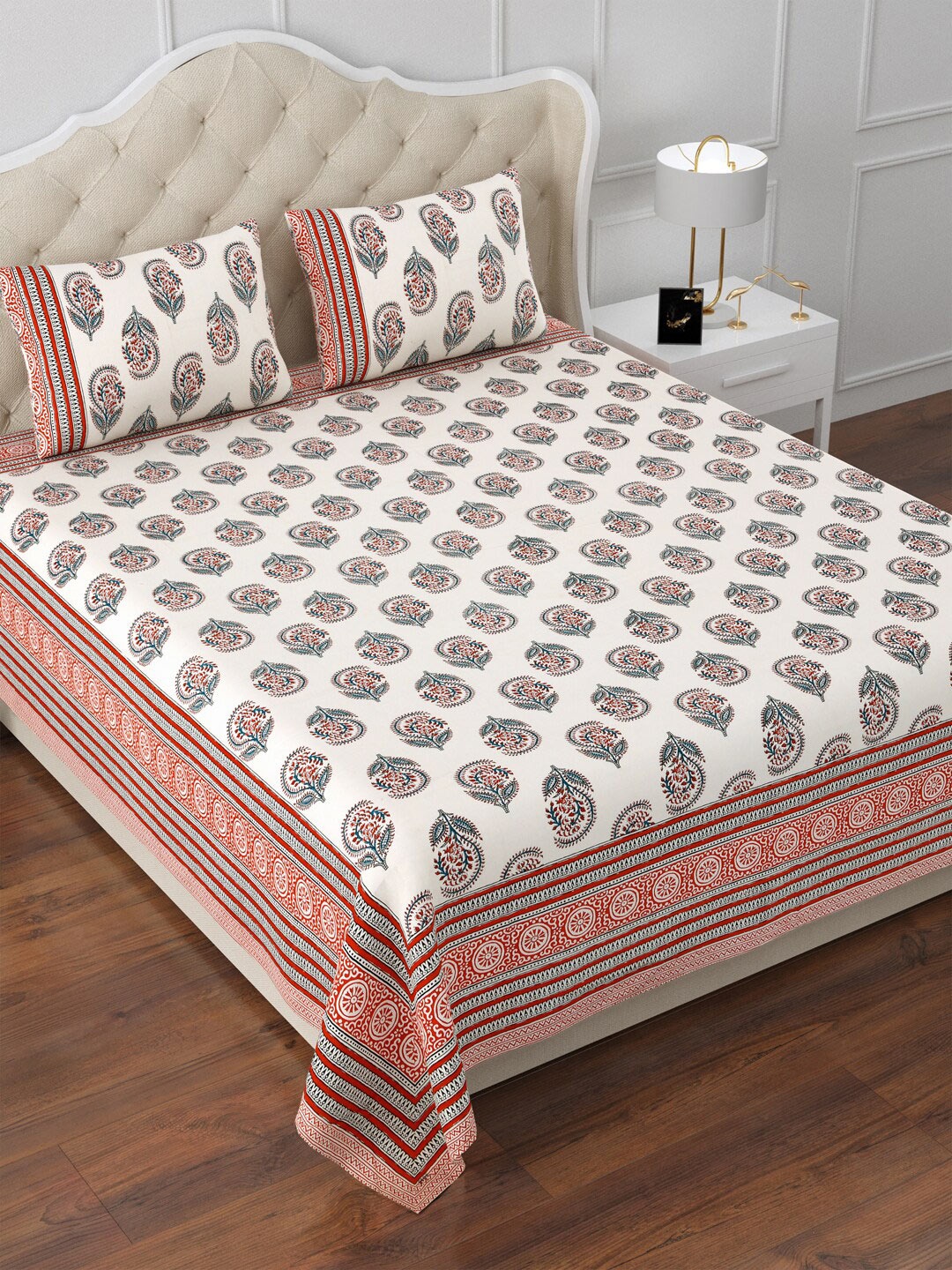 Aapno Rajasthan White & Blue Ethnic Motifs Cotton 120TC King Bedsheet With 2 Pillow Covers
Aapno Rajasthan White & Blue Ethnic Motifs Cotton 120TC King Bedsheet With 2 Pillow Covers