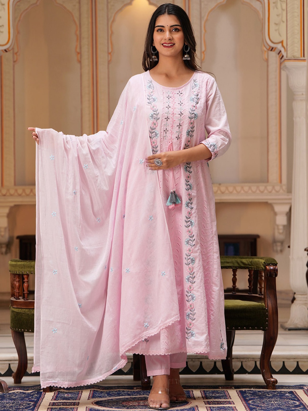 PREKSHA Floral Embroidered & Mirror Work Pure Cotton Kurta With Trousers & Dupatta, Pink
PREKSHA Floral Embroidered & Mirror Work Pure Cotton Kurta With Trousers & Dupatta, Pink