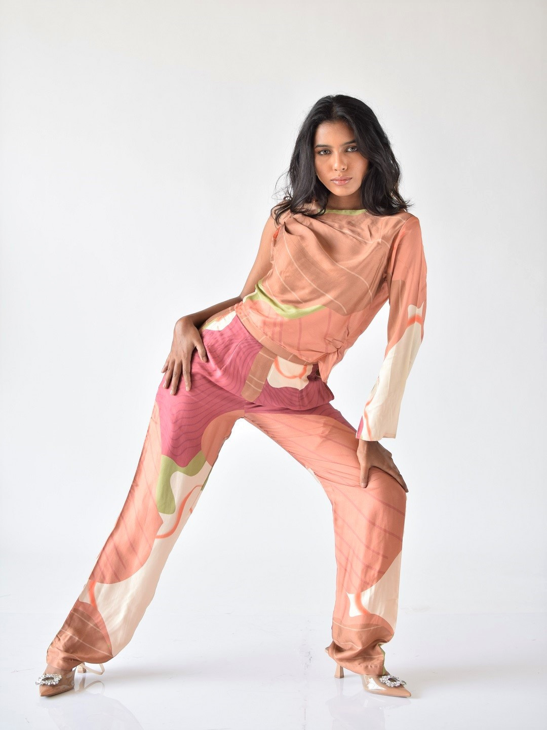 MISSY Abstract Printed Pleated One Shoulder Crop Top, Peach 
MISSY Abstract Printed Pleated One Shoulder Crop Top, Peach