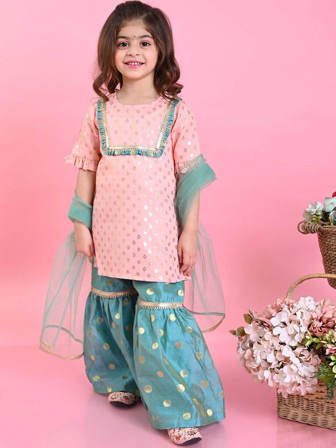 SAKA DESIGNS Girls Ethnic Motifs Printed Sequinned Kurta with Sharara & With Dupatta, Peach
SAKA DESIGNS Girls Ethnic Motifs Printed Sequinned Kurta with Sharara & With Dupatta, Peach