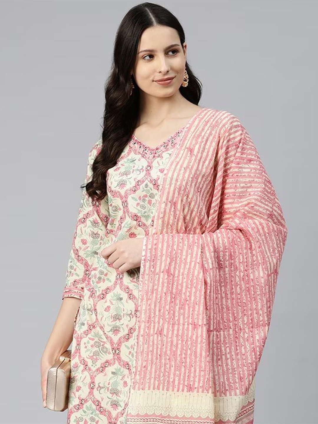 Readiprint Women Floral Printed Mirror Work Cotton Kurta with Palazzos & Dupatta, Beige
Readiprint Women Floral Printed Mirror Work Cotton Kurta with Palazzos & Dupatta, Beige