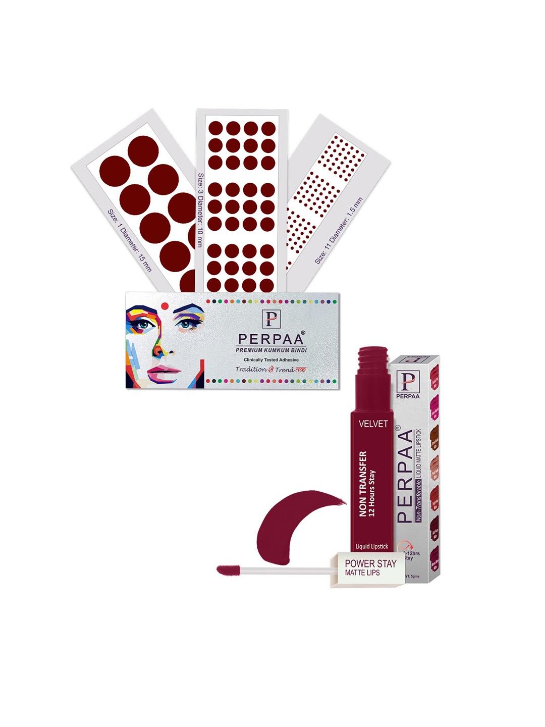 PERPAA Set Of 4 Dark Maroon Bindi Flaps & Power Stay Non Transfer Lipstick-5ml-Maroon
PERPAA Set Of 4 Dark Maroon Bindi Flaps & Power Stay Non Transfer Lipstick-5ml-Maroon