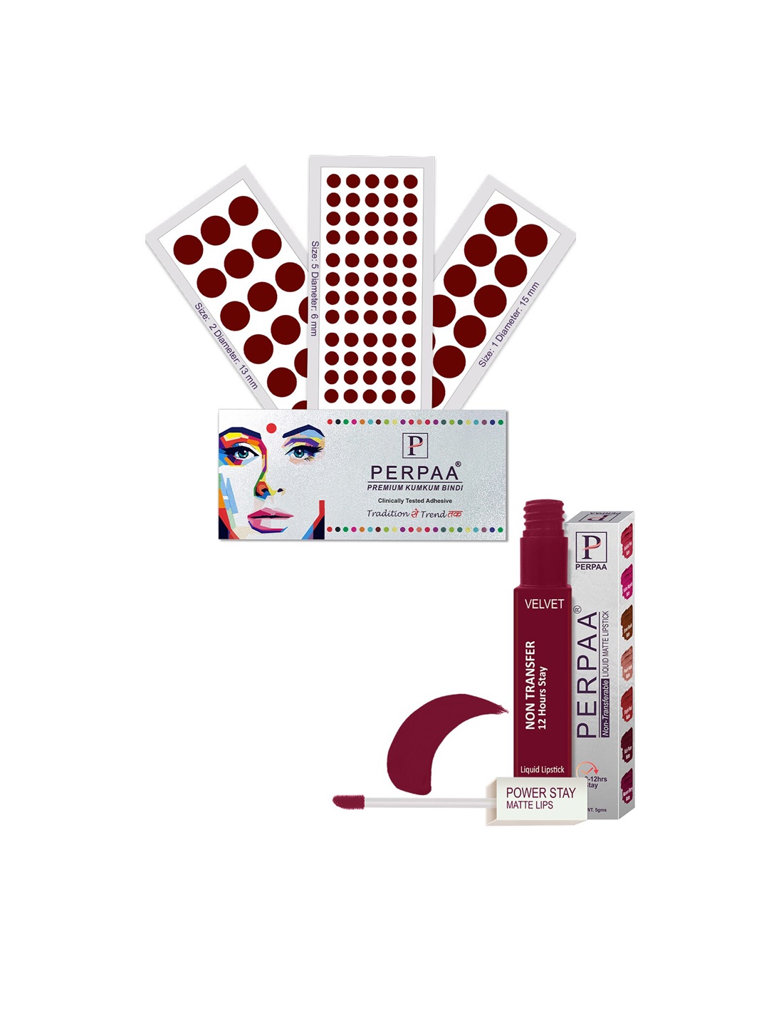 PERPAA Set Of 4 Dark Maroon Bindi Flaps & Power Stay Non Transfer Lipstick-5ml-Maroon
PERPAA Set Of 4 Dark Maroon Bindi Flaps & Power Stay Non Transfer Lipstick-5ml-Maroon
