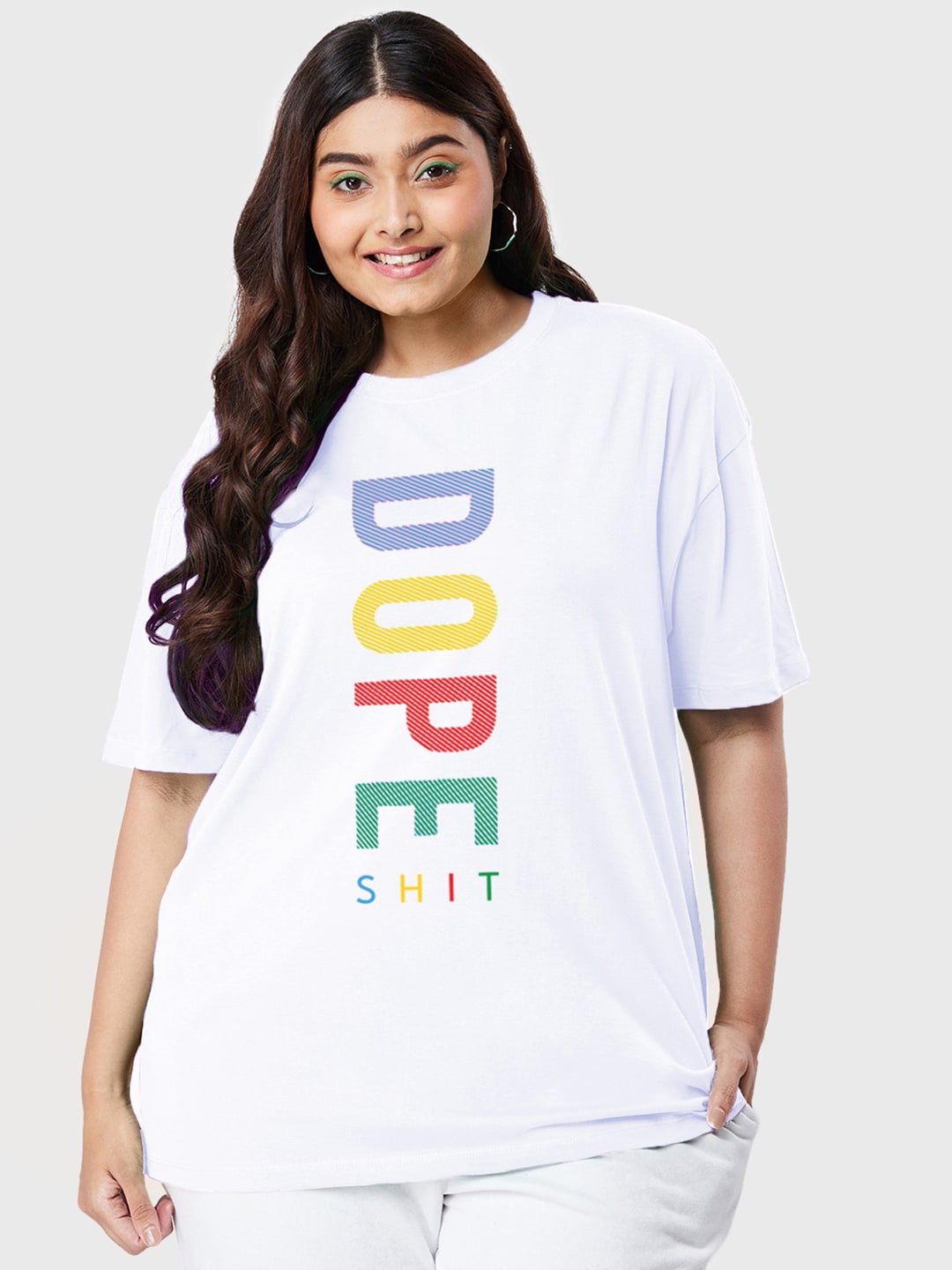 Bewakoof Dope Shit Typography Print Oversized Plus Size T-shirt, White