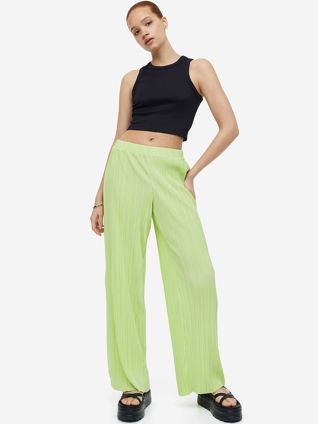H&M Women Pleated Jersey Trousers, Green
