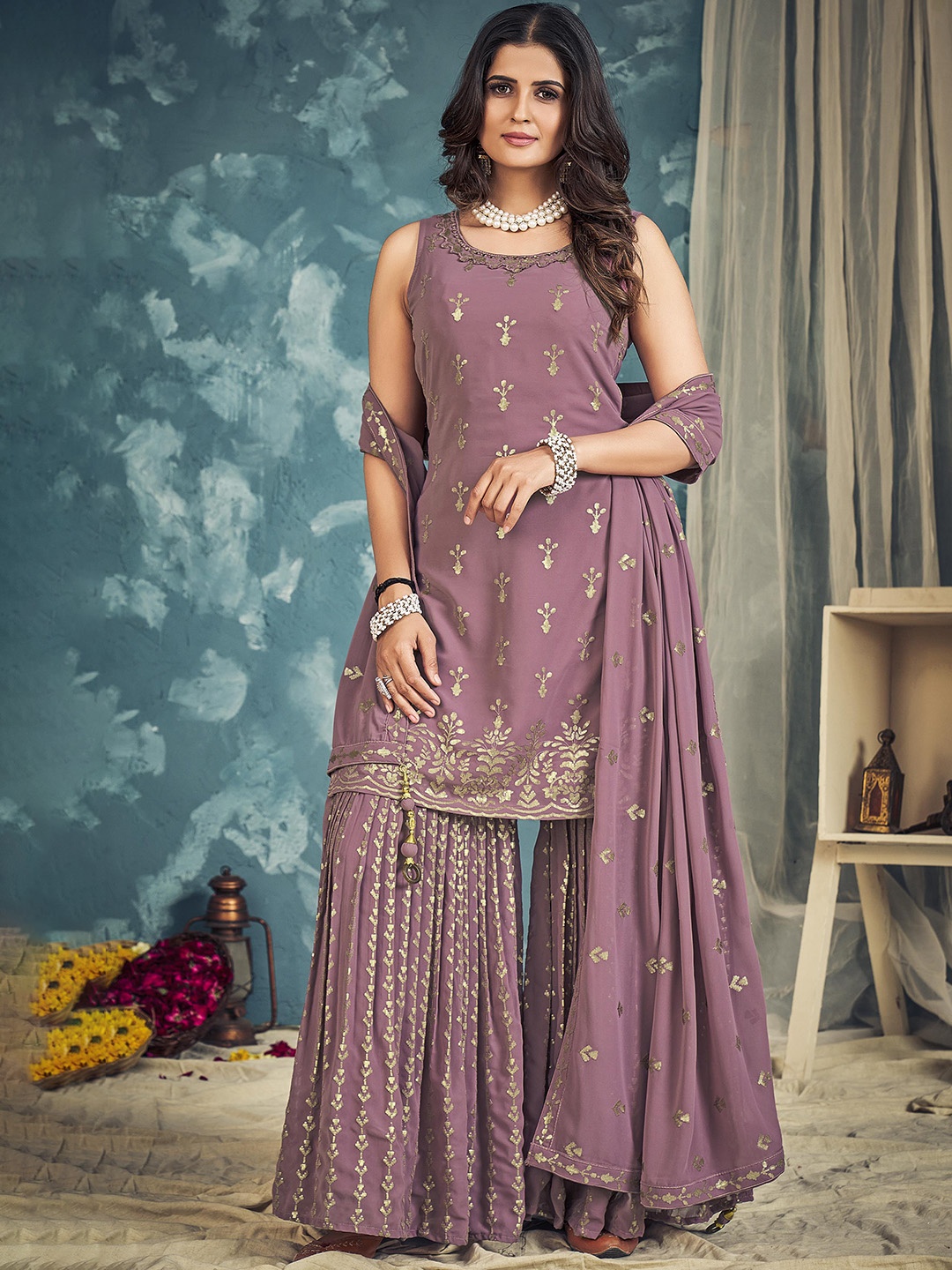DRESSTIVE Ethnic Motifs Embroidered Sequinned Kurta with Sharara & Dupatta, Purple
DRESSTIVE Ethnic Motifs Embroidered Sequinned Kurta with Sharara & Dupatta, Purple