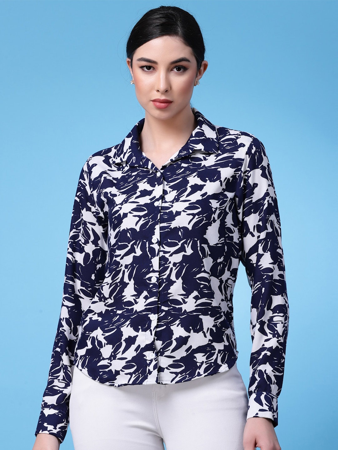 Oomph! Standard Floral Printed Formal Shirt, Navy blue