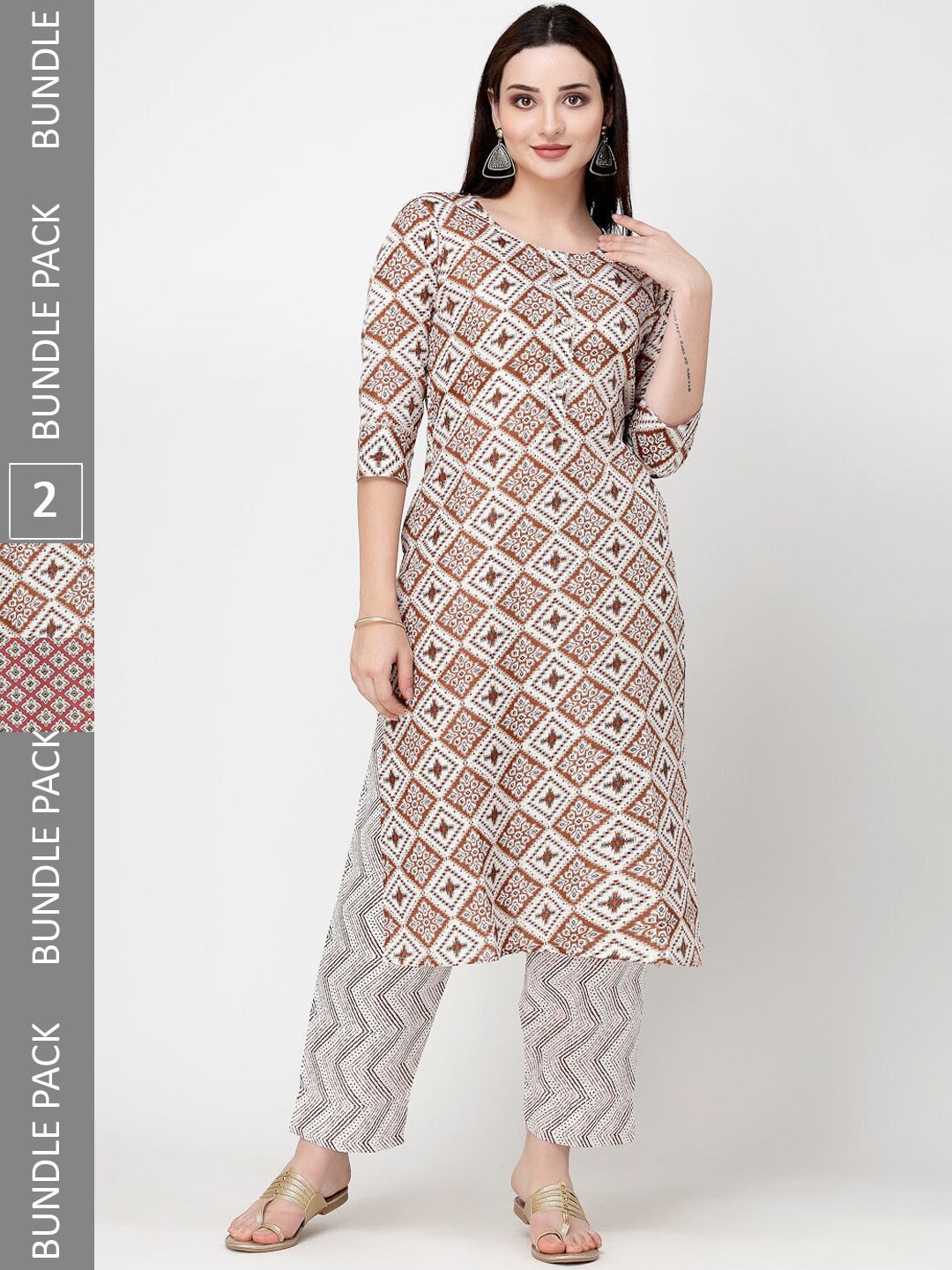 KALINI Ethnic Printed Pure Cotton Straight Kurta with Trousers, White