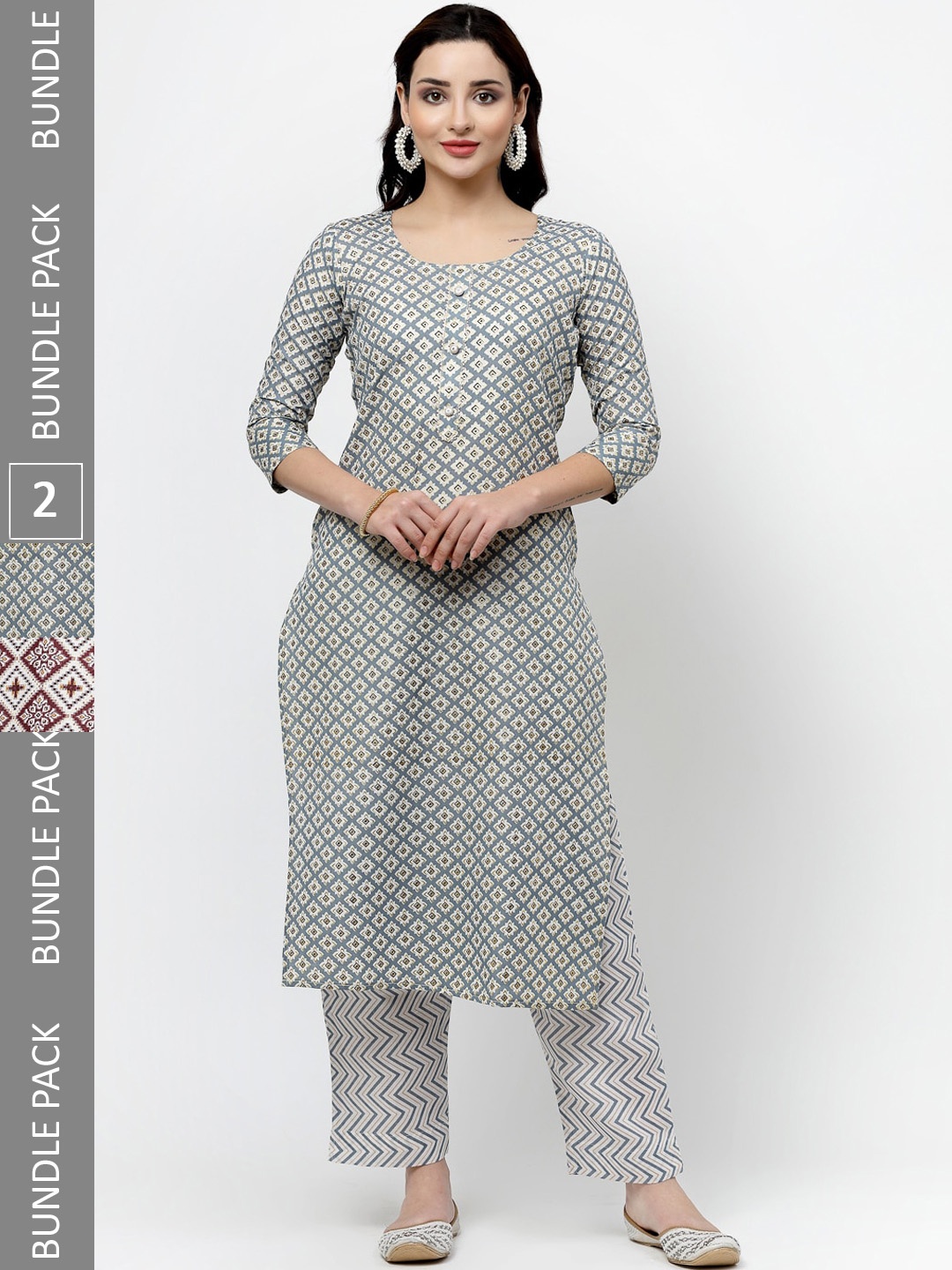 KALINI Selection of 2 Ethnic Printed Pure Cotton Straight Kurta with Trousers, White
KALINI Selection of 2 Ethnic Printed Pure Cotton Straight Kurta with Trousers, White