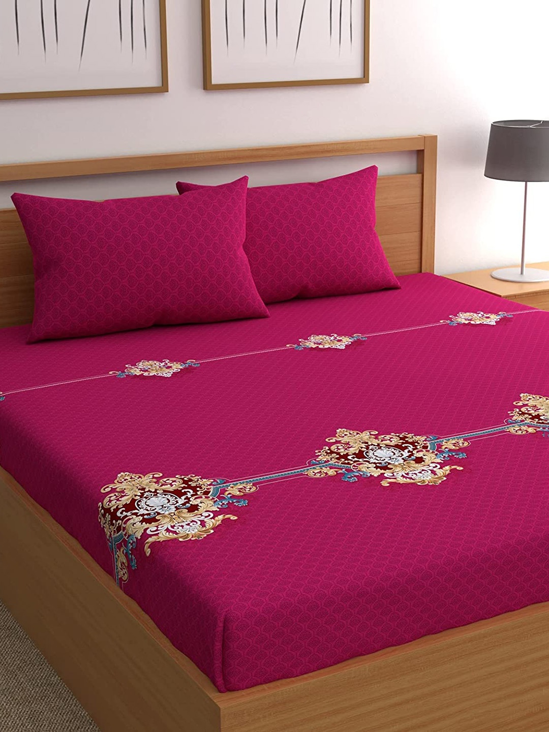 Bajo's Pink & Gold-Toned Ethnic Motifs 350 TC Cotton King Bedsheet with 2 Pillow Covers
Bajo's Pink & Gold-Toned Ethnic Motifs 350 TC Cotton King Bedsheet with 2 Pillow Covers