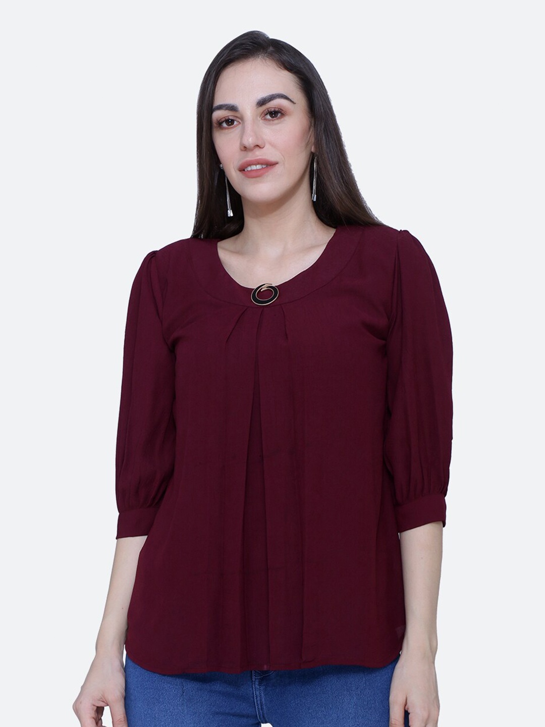 BAESD Round Neck Puff Sleeve Top, Maroon