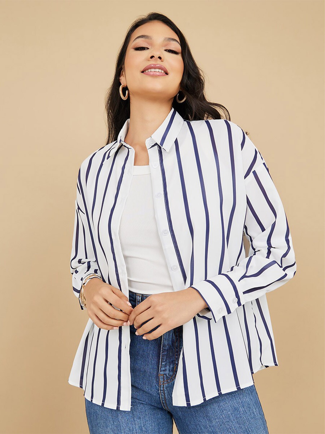 Styli Boxy Striped Casual Shirt, Navy blue